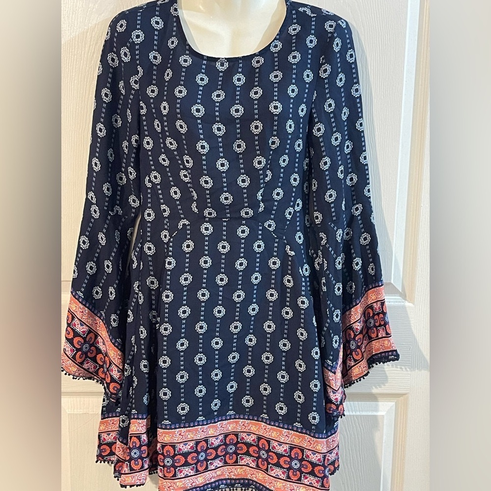 Altar'd State Navy and Coral Patterned Midi Dress